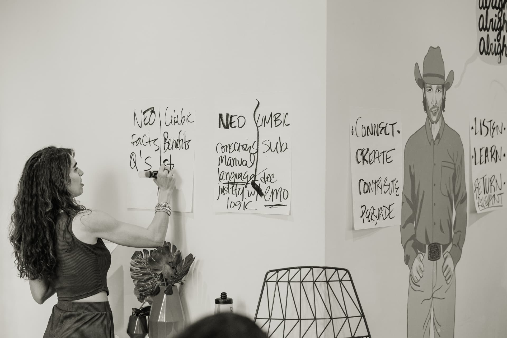 Lisa Vee writing sales frameworks on the wall during a live training